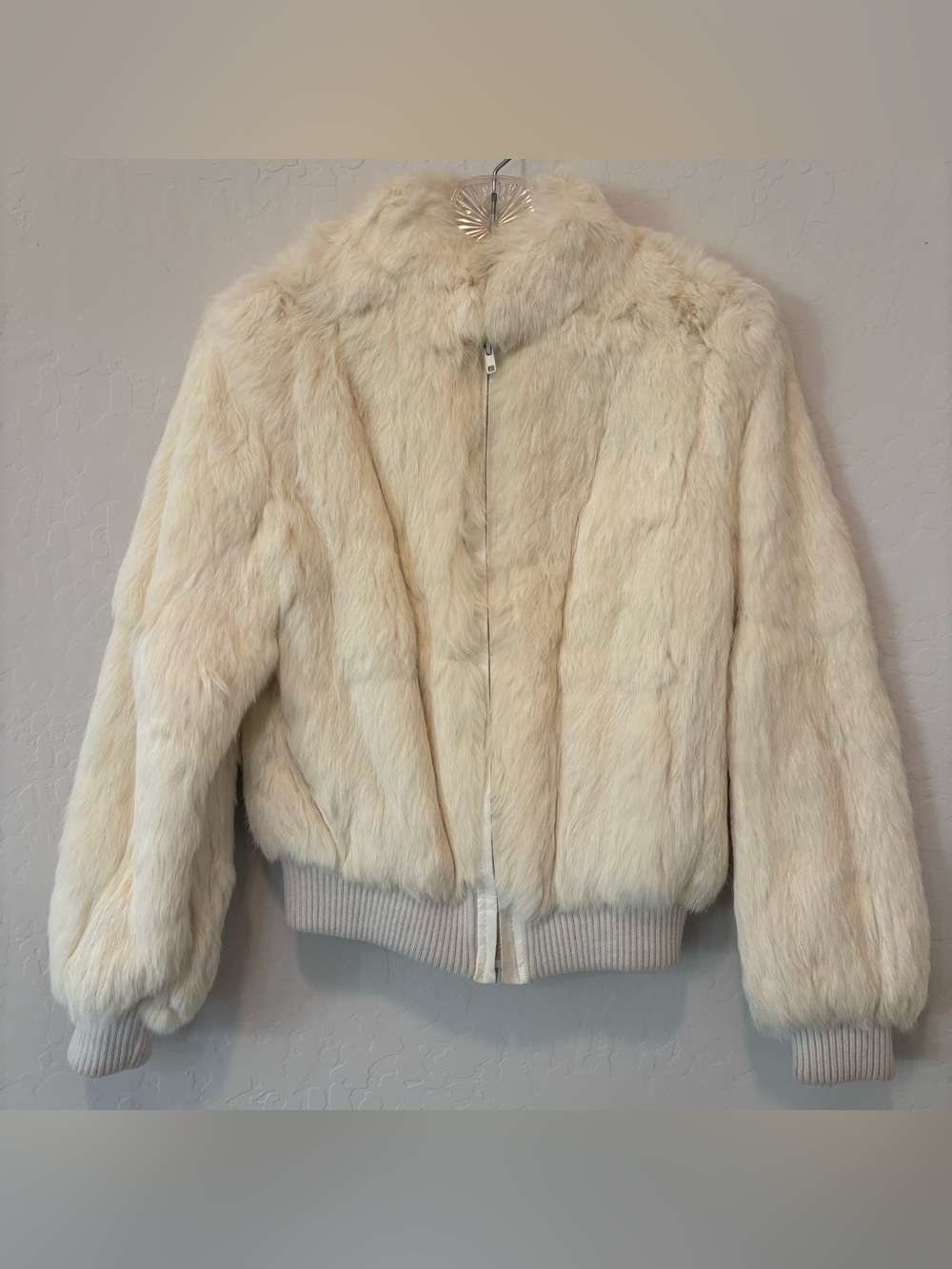 White 100% Rabbit Fur Coat Bomber Jacket Size Medium Vintage Genuine Fur